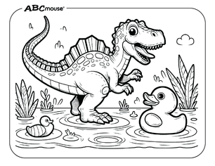 Free printable Spinosaurus playing with ducks coloring page for kids from ABCmouse.com. 