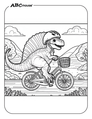 Free printable Spinosaurus riding a bike coloring page for kids from ABCmouse.com. 