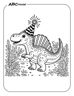 Free printable Spinosaurus wearing a birthday hat coloring page for kids from ABCmouse.com. 