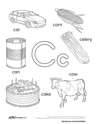 Black and white Printable page of words that start with the letter C for kids. c is for can, c is for celery, c is for cake, c is for corn, c is for cow, c is for car.