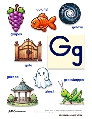 Free printable letter G words for kids from ABCmouse.com. Galaxy, grapes, goldfish, gate, gazebo, ghost, grasshopper.