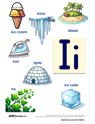 Colorful printable letter I poster with words that start with letter I such as icicle, ice cream, island, iron, ivy, igloo, ice cube. 