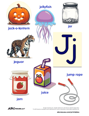 Colorful words that start with the letter j poster for kids from ABCmouse.com. 
