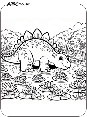 Free printable Stegosaurus Dinosaur in a pond Coloring Page for kids. 