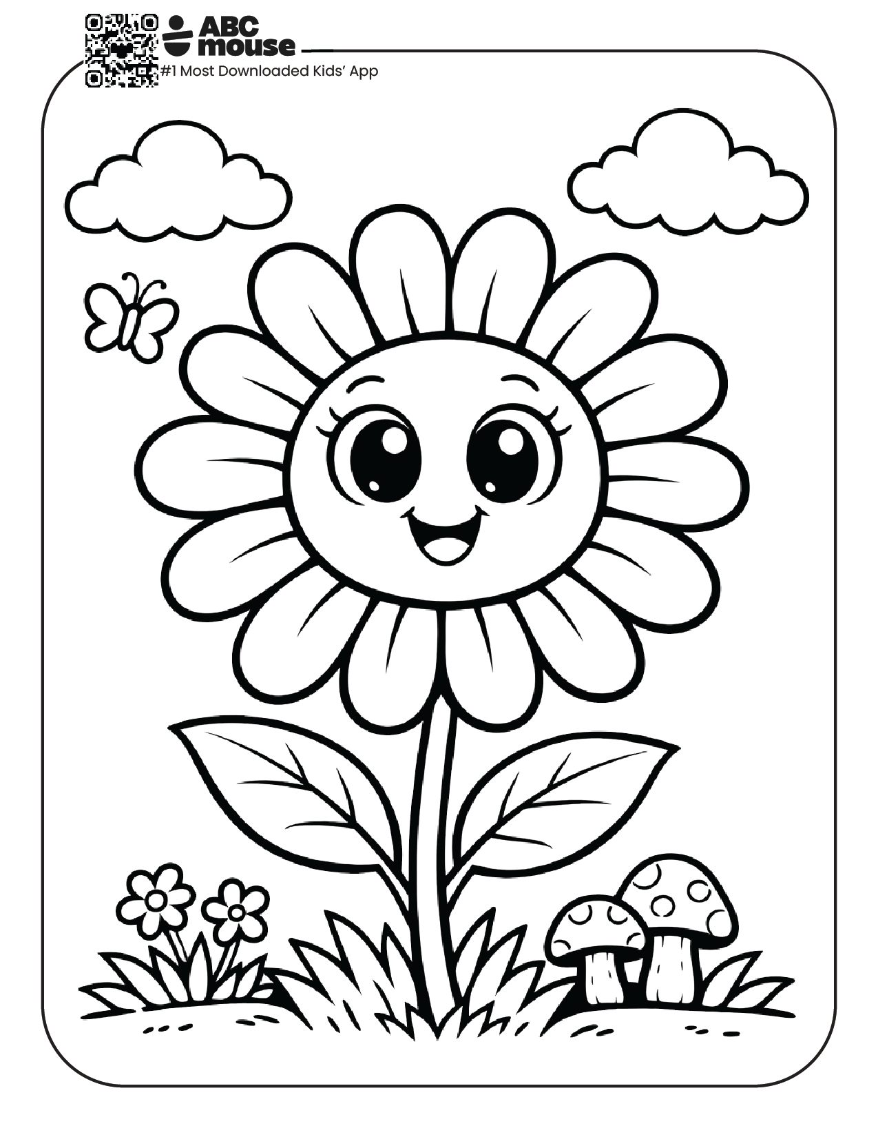 “cute smiling daisy free printable coloring page for kids from ABCmouse.com with happy face
