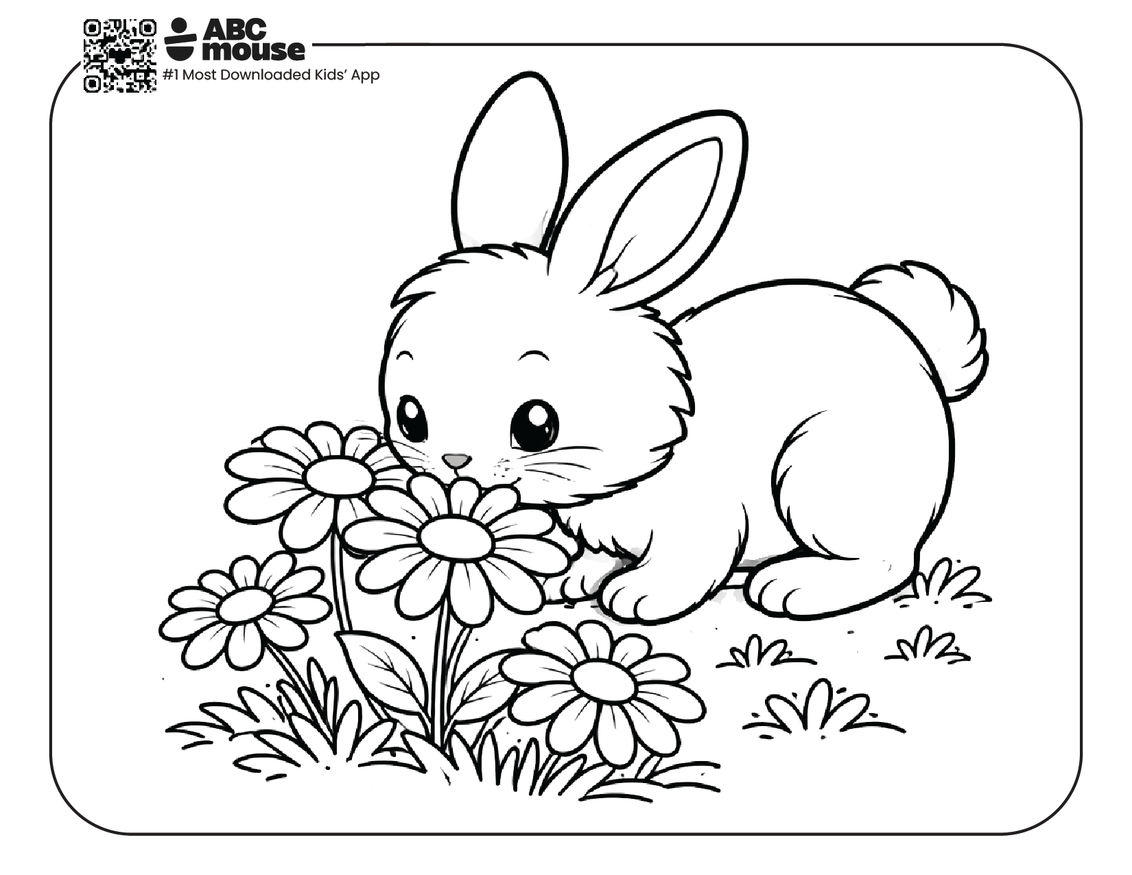 bunny in daisies free printable coloring page for kids from ABCmouse.com rabbit surrounded by flowers