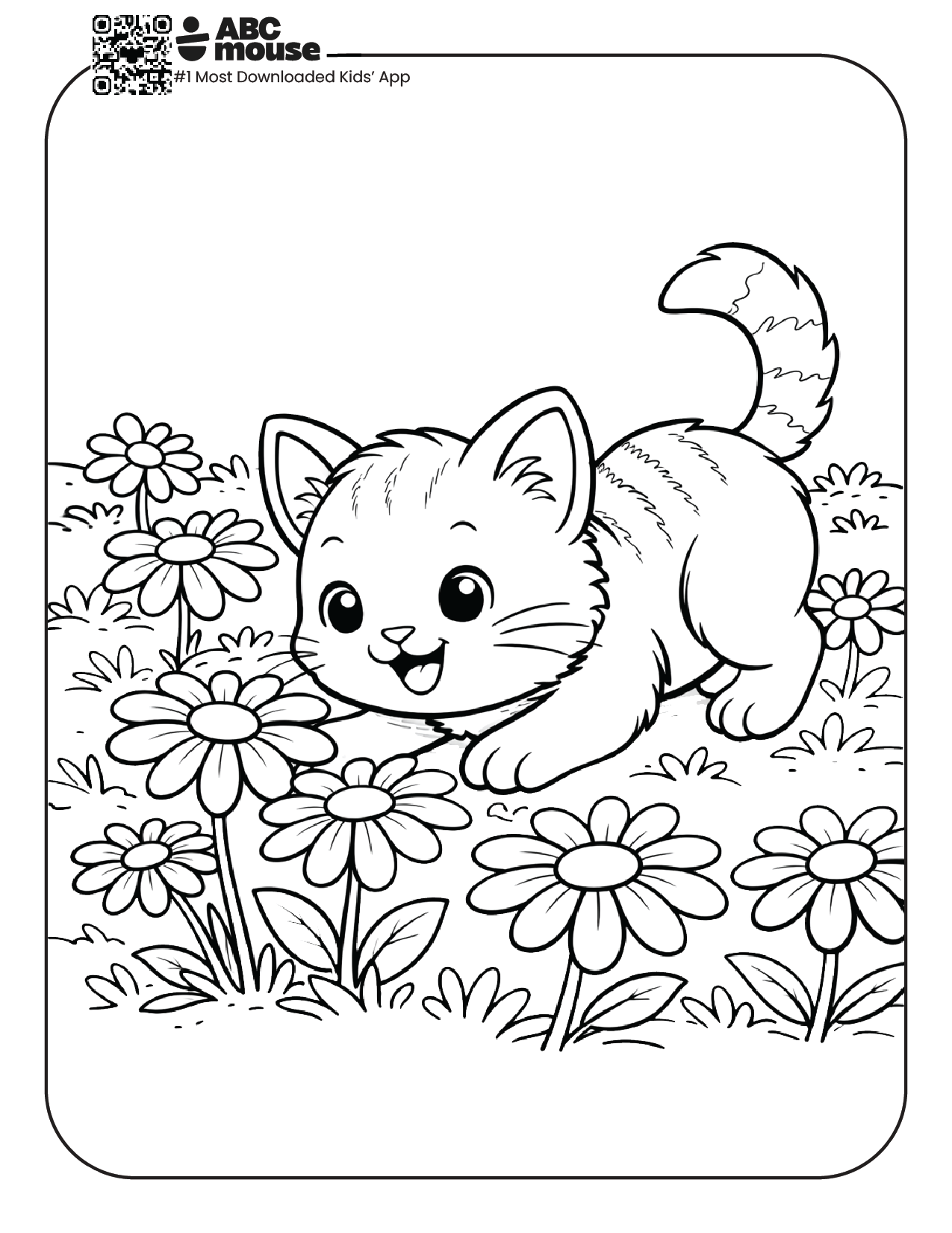 cat crouching in daisies free printable coloring page for kids from ABCmouse.com playful kitten in flower field