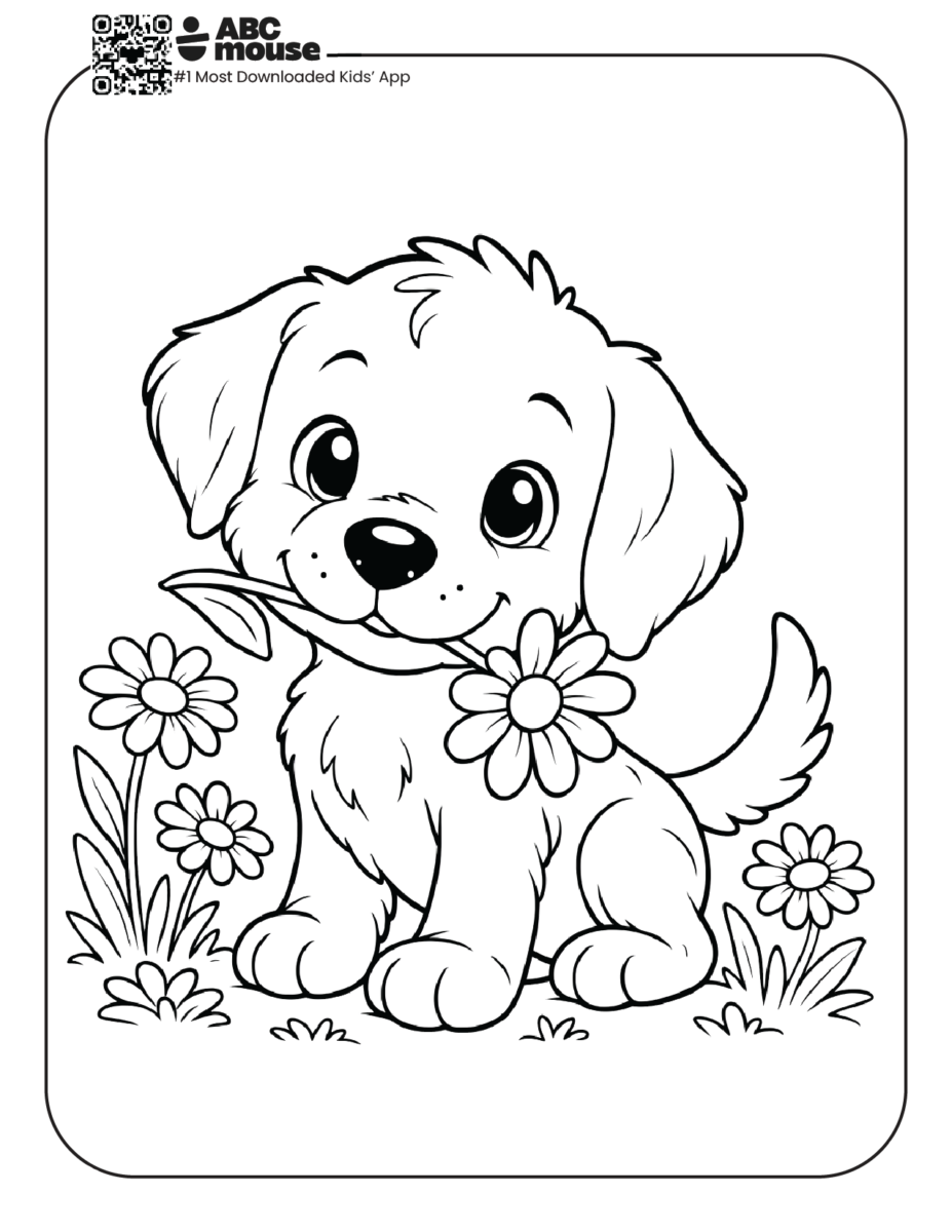 puppy holding daisy in its mouth free printable coloring page for kids from ABCmouse.com cute dog with flower