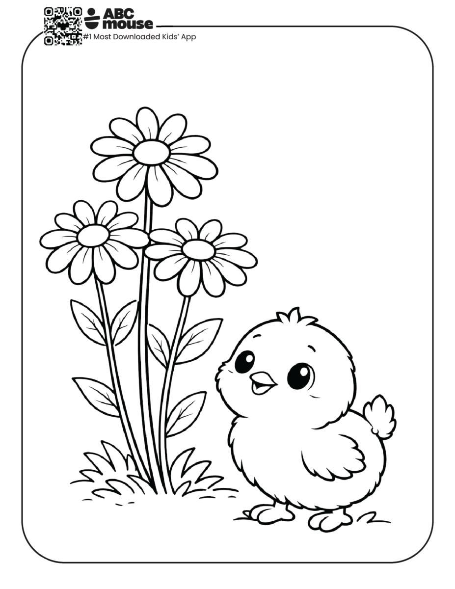 chick with daisies free printable coloring page for kids from ABCmouse.com cute baby bird in flower field