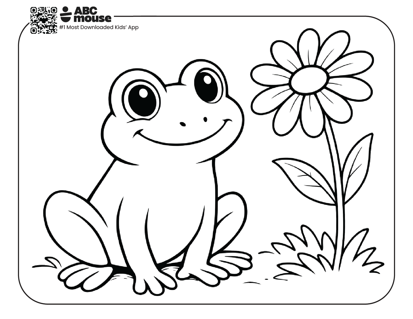 cute frog next to daisy free printable coloring page for kids from ABCmouse.com smiling frog and flower