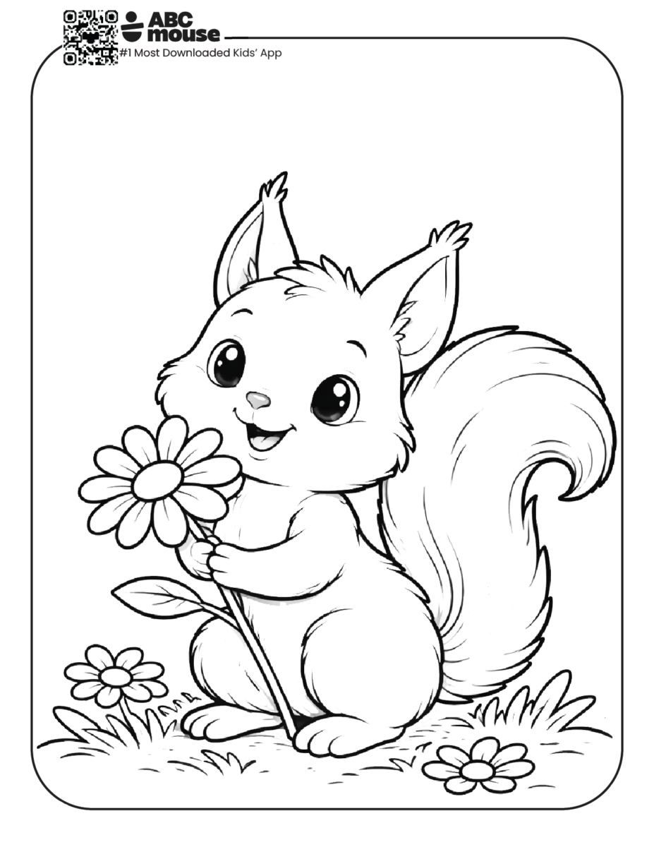 squirrel holding daisy free printable coloring page for kids from ABCmouse.com cute woodland animal with flower