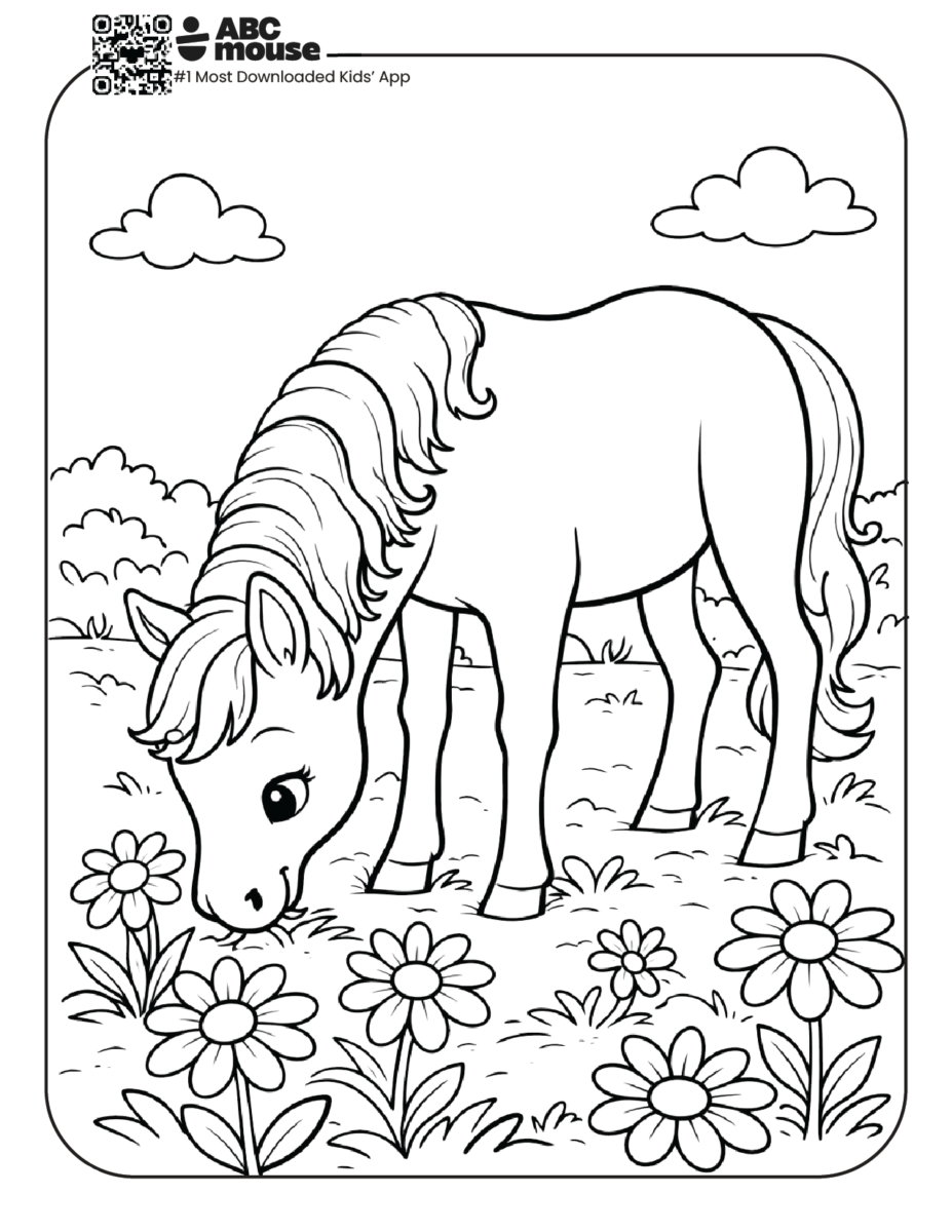 horse in daisy field free printable coloring page for kids from ABCmouse.com farm animal grazing with flowers