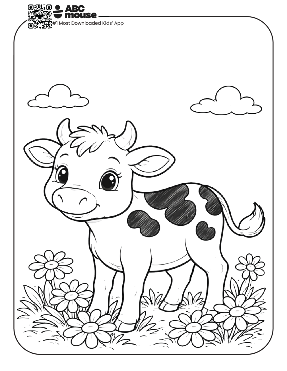 cow in daisy field free printable coloring page for kids from ABCmouse.com farm animal surrounded by flowers