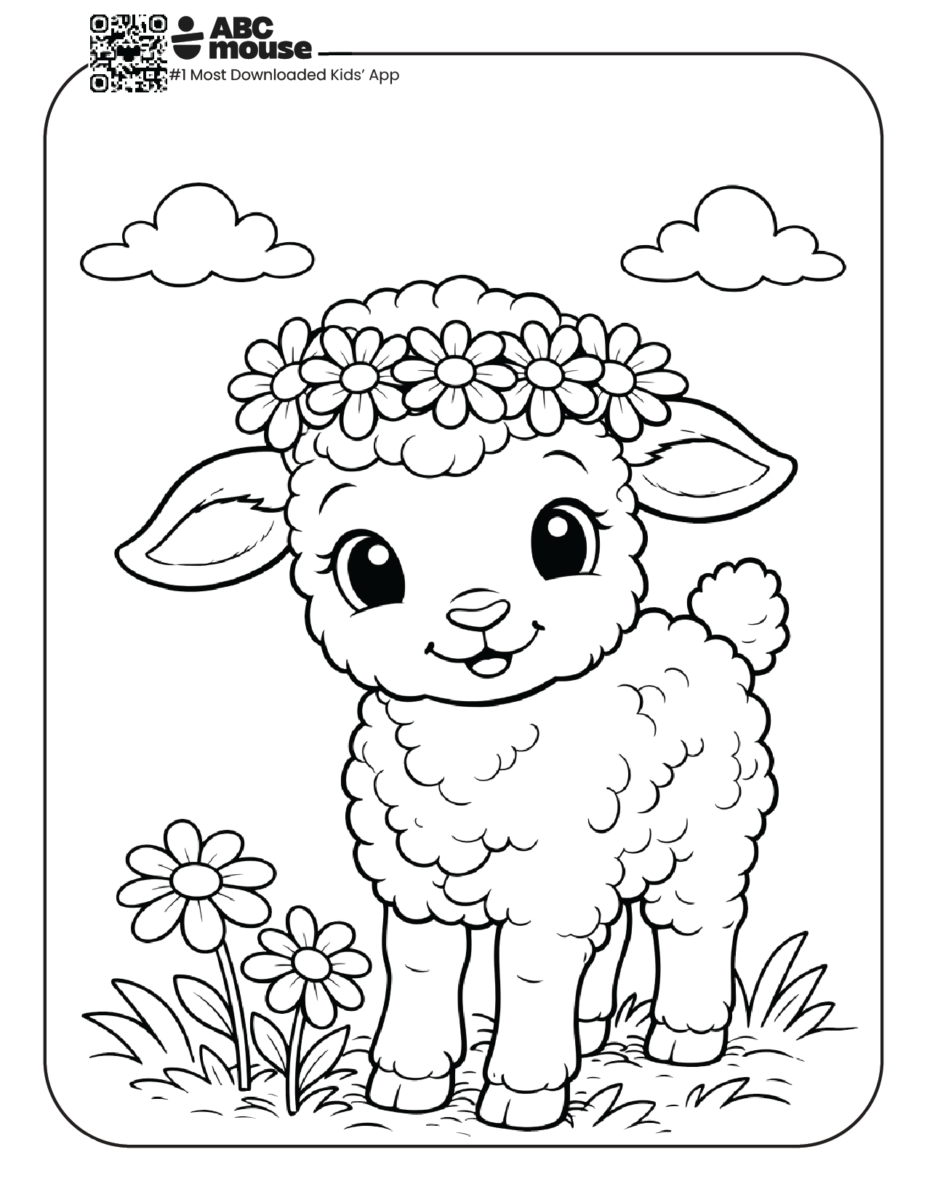 lamb with daisy crown free printable coloring page for kids from ABCmouse.com cute sheep wearing flower crown