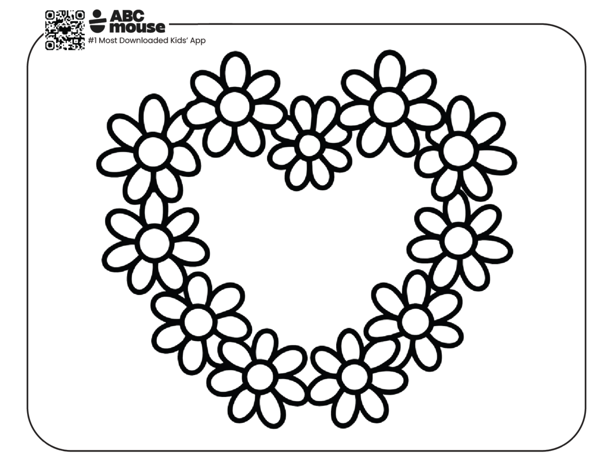 heart made of daisies free printable coloring page for kids from ABCmouse.com floral heart design