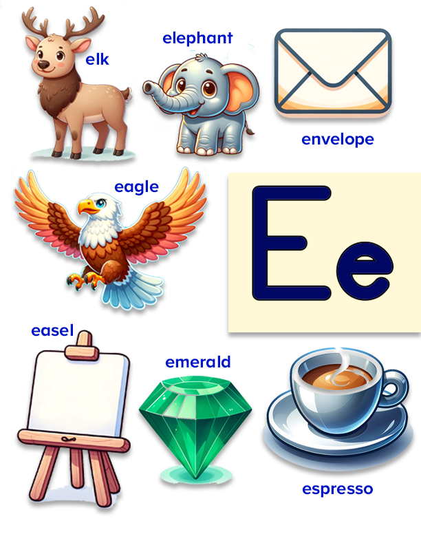 Colored printable letter e words poster for kids. 