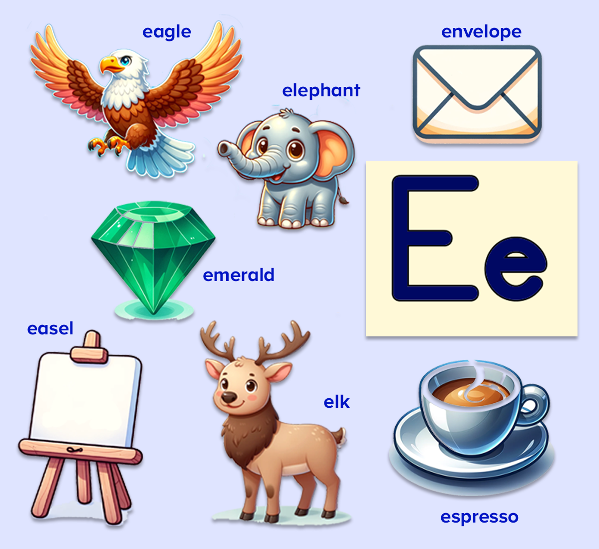 Letter E words for kids. 