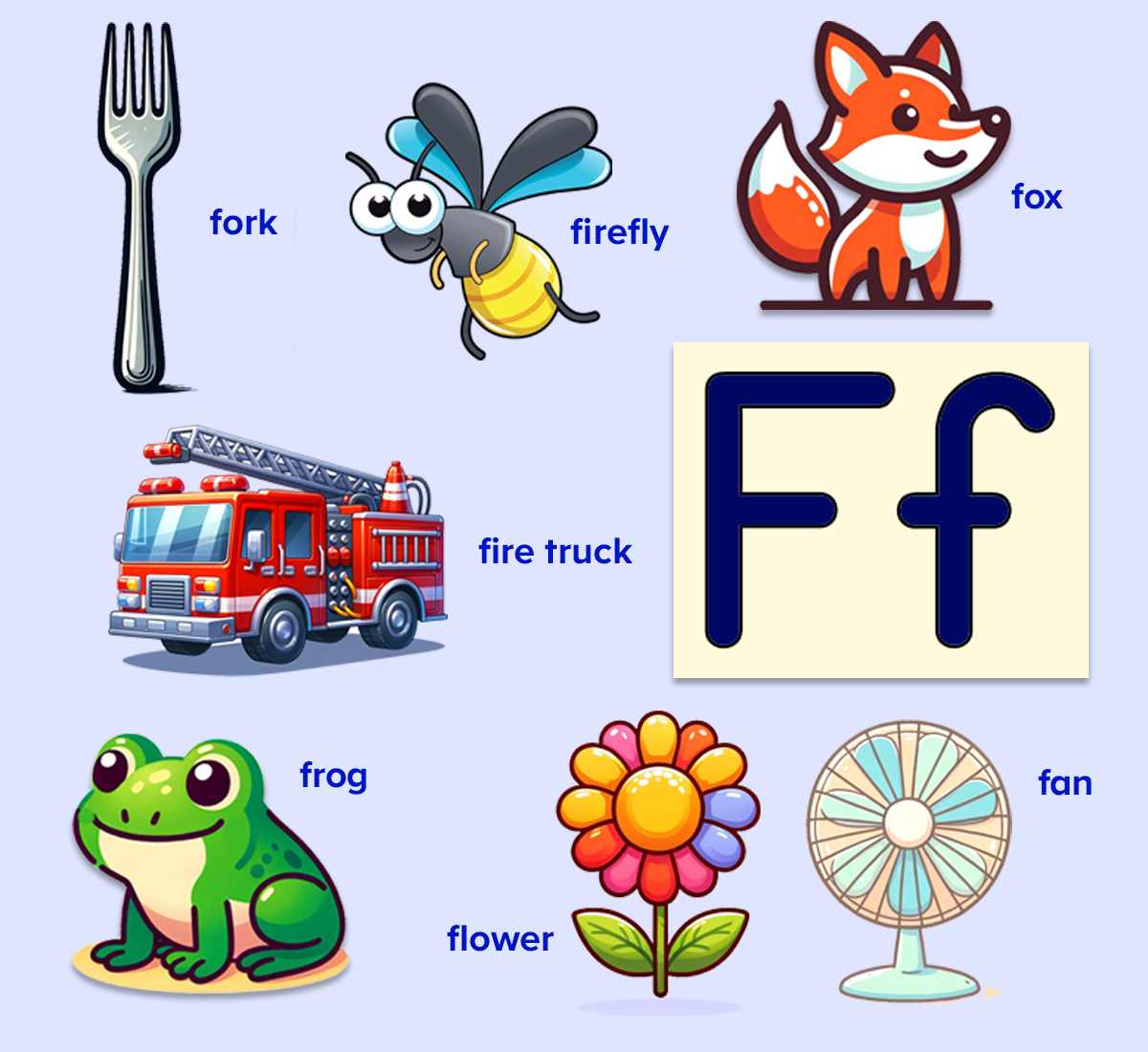Words that start with the letter F for kids. Fork, firefly, fox, fire truck, fan, flower, frog. 