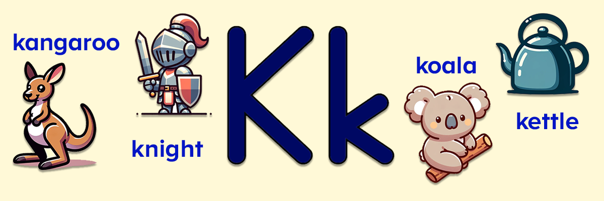 Letter K words for kids. Kangaroo, knight, koala, kettle. 