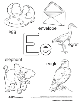 Free printable letter e words coloring page. 