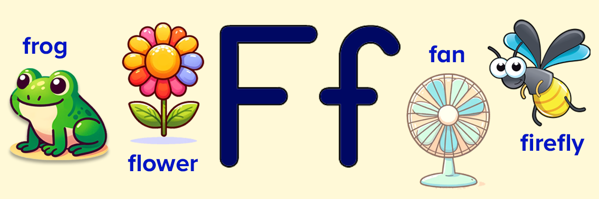 Letter F words for kids. Frog, flower, fan, firefly. 