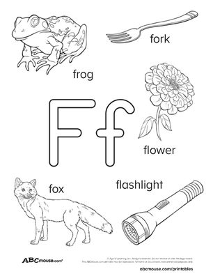 Free printable Letter F Vocabulary word poster/coloring sheet for kids from ABCmouse.com. 