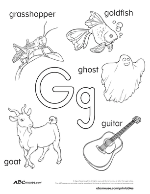 Free printable letter G words for kids from ABCmouse.com. Goat, guitar,  goldfish, ghost, grasshopper.