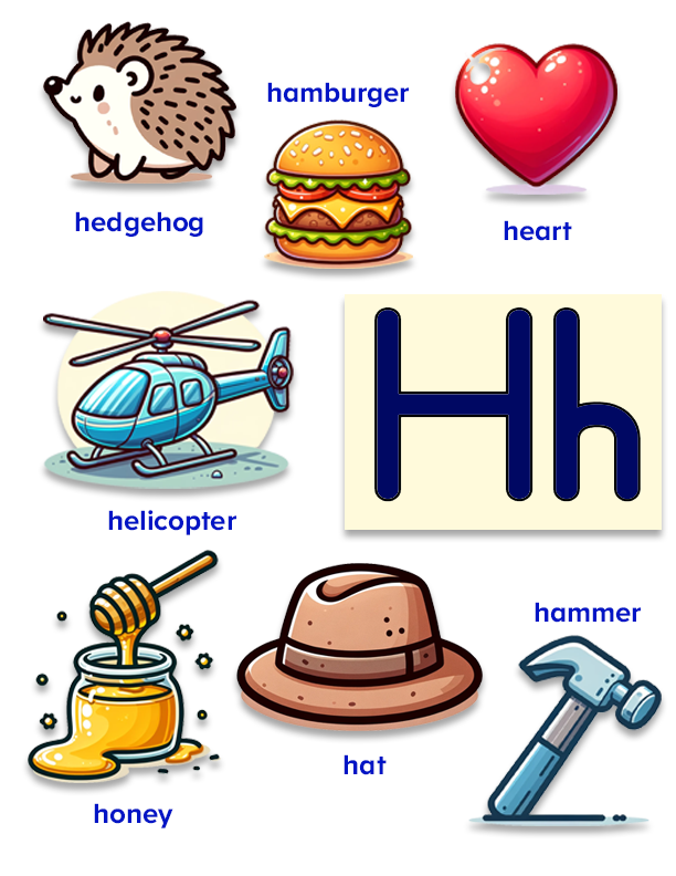Free printable letter H word list including hat, hammer, hedgehog, honey, for preschool kindergarten kids. 