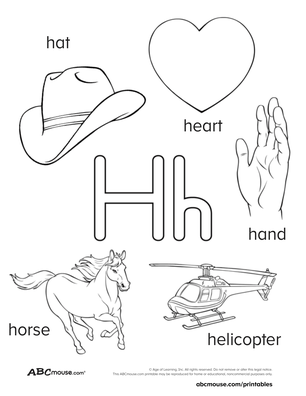 Free printable letter H word coloring sheet  including hat, heart, helicopter, horse, and hand for preschool kindergarten kids. 