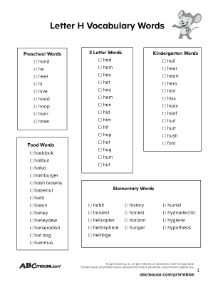 Free printable letter H word list, for preschool kindergarten kids. 