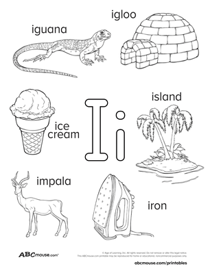 Free printable letter I poster with words that start with letter I such as iguana, ice cream, island, iron, impala, igloo.