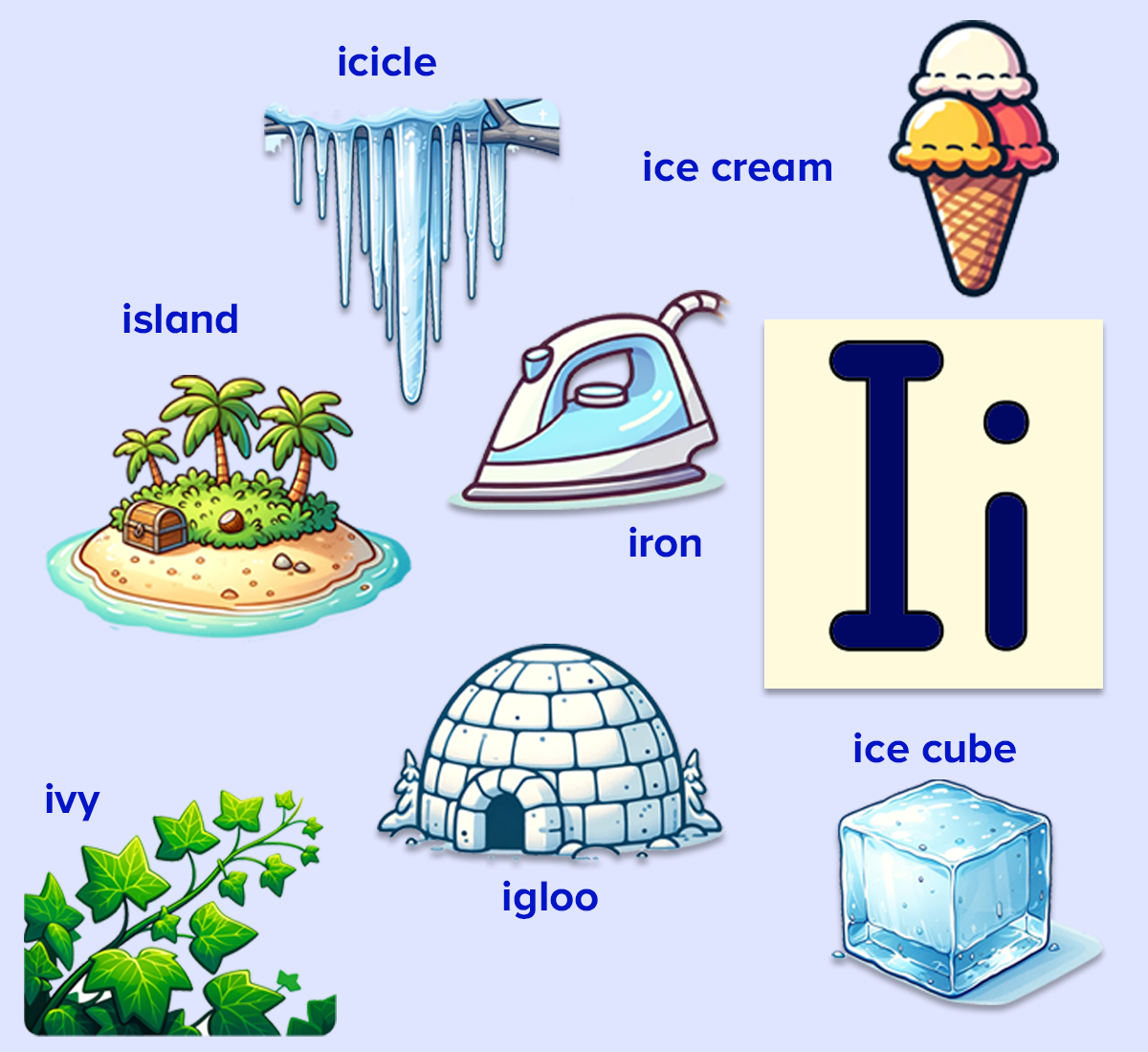 Colorful letter I poster with words that start with letter I such as icicle, ice cream, island, iron, ivy, igloo, ice cube. 