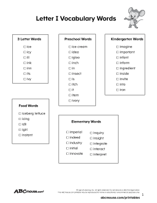 Free letter I vocabulary printable word list for preschoolers, kids, and elementary age children. 