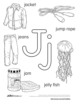 Letter J poster and coloring page for kids, jump rope, jar, jam, jelly fish. 