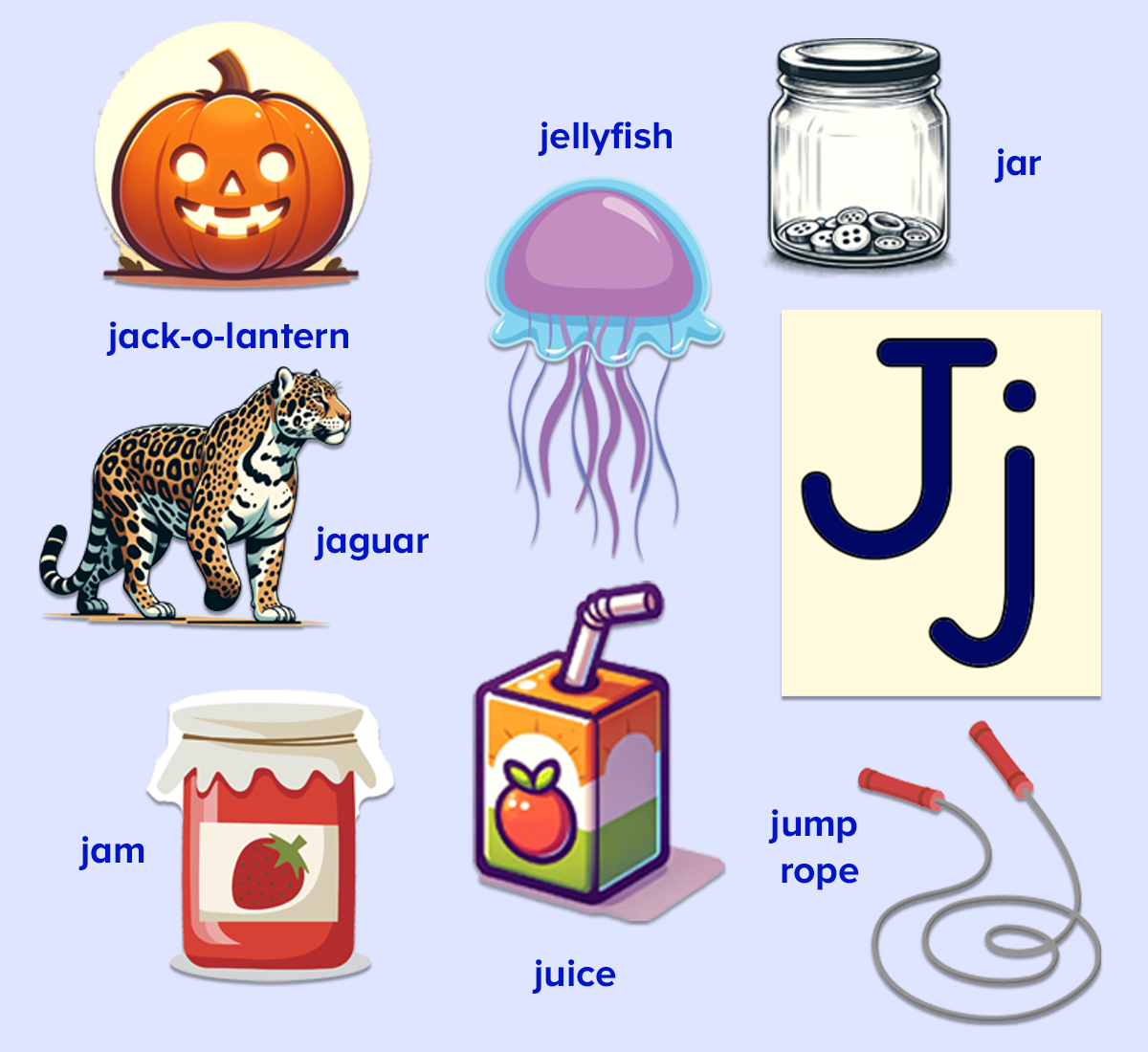 Letter J words for kids, jump rope, jar, jam, juice, jellyfish, jack-o-lantern, jaguar. 