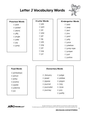 Free printable letter j vocabulary word list for kids from ABCmouse.com. 