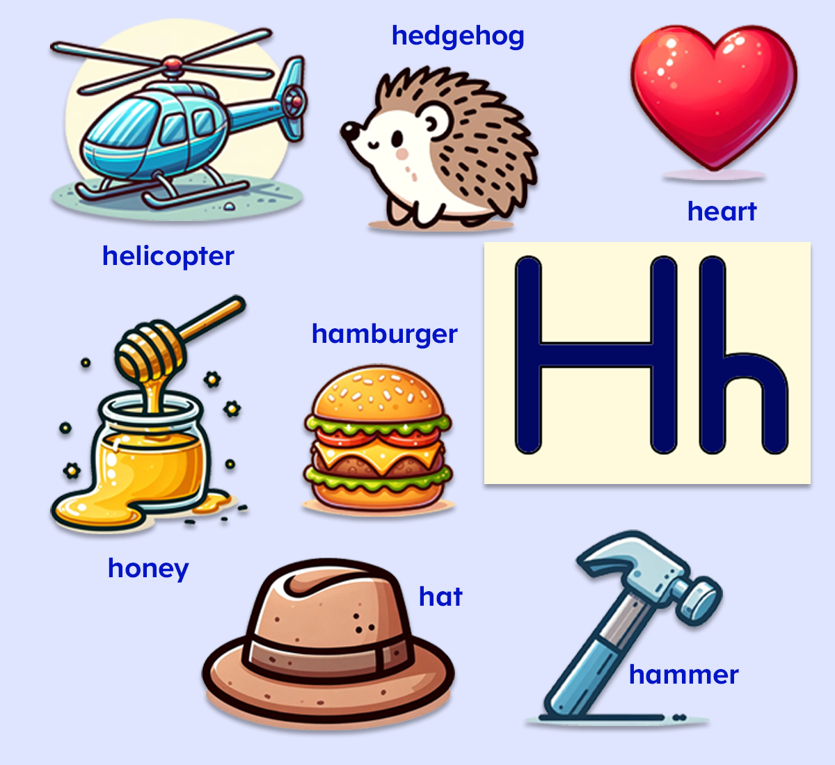 Free printable letter H word list including hat, hammer, hedgehog, honey, for preschool kindergarten kids. 