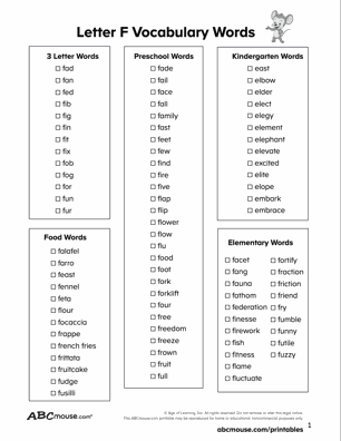 Free printable Letter F Vocabulary word list for kids from ABCmouse.com. 