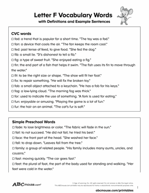 Free printable Letter F Vocabulary word list with definitions for kids from ABCmouse.com. 