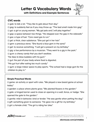 Free printable letter G word lists with definitions and sentences for kids from ABCmouse.com. 