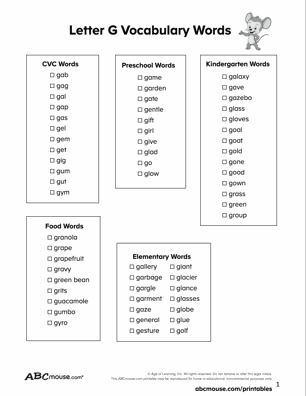 Free printable letter G word lists for kids from ABCmouse.com. 