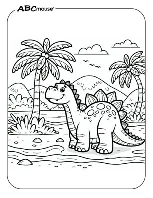 Free printable Stegosaurus Dinosaur near palm trees Coloring Page for kids. 