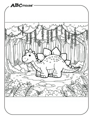 Free printable Stegosaurus Dinosaur in a forest Coloring Page for kids. 