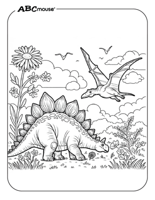 Free printable Stegosaurus Dinosaur with a pterodactyl Coloring Page for kids. 