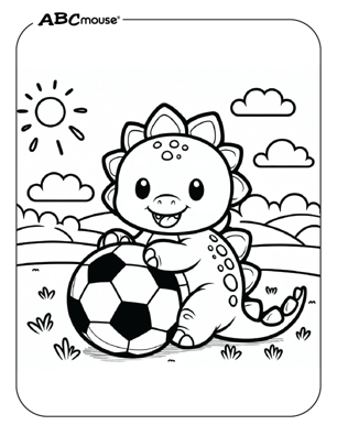 Free printable Stegosaurus Dinosaur with a soccer ball Coloring Page for kids. 