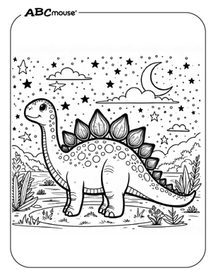Free printable Stegosaurus Dinosaur at nighttime Coloring Page for kids. 