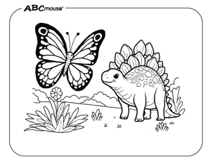 Free printable Stegosaurus Dinosaur with a butterfly Coloring Page for kids. 