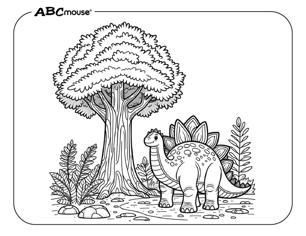 Free printable Stegosaurus Dinosaur by a tree Coloring Page for kids. 