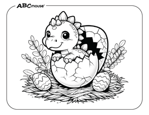 Free printable cute baby Stegosaurus Dinosaur hatching from an egg Coloring Page for kids. 