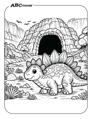 Free printable Stegosaurus Dinosaur at a cave Coloring Page for kids. 